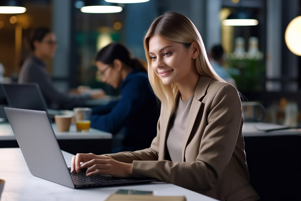 Woman working on laptop in cafe